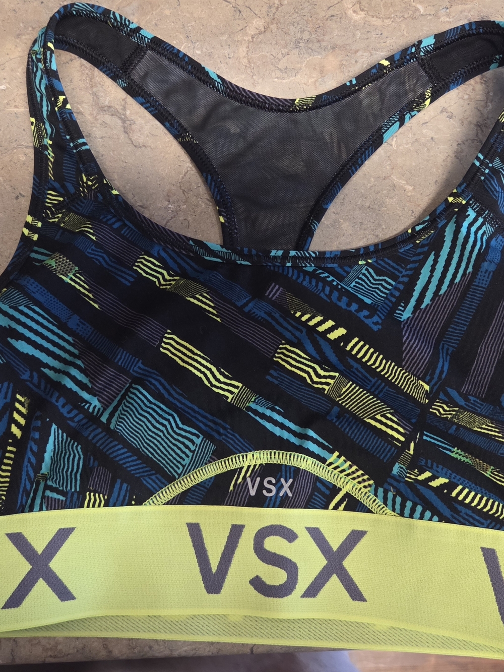 VSX Neon Yellow & Teal Patterned Racerback Sports Bra